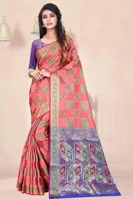peach woven art silk saree with blouse 1