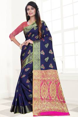 blue woven art silk saree with blouse 1