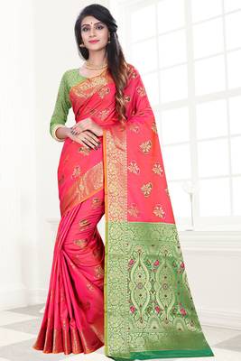 peach woven art silk saree with blouse 1