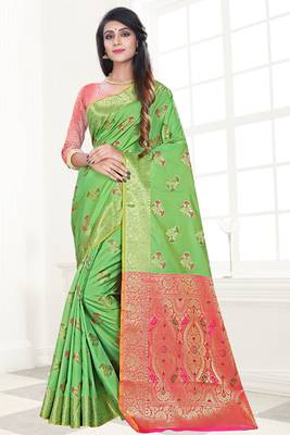 green woven art silk saree with blouse 1