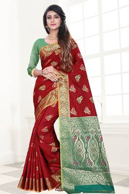 maroon woven art silk saree with blouse 1