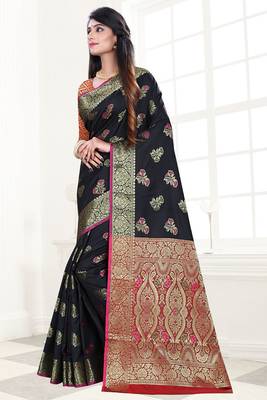 black woven art silk saree with blouse 1