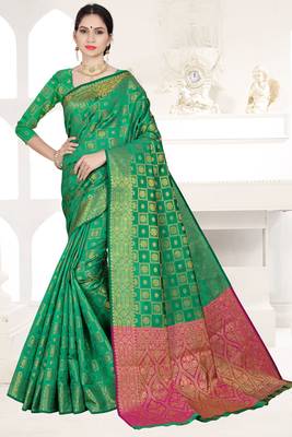 green woven art silk saree with blouse 1