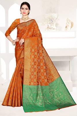 orange woven art silk saree with blouse 1