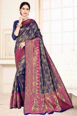 blue woven art silk saree with blouse 1