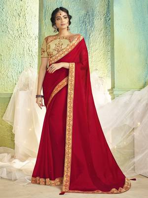red embroidered chiffon saree with blouse 1