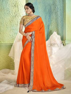 orange embroidered chiffon saree with blouse 1