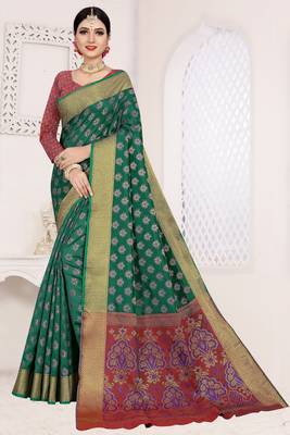 green woven art silk saree with blouse 1