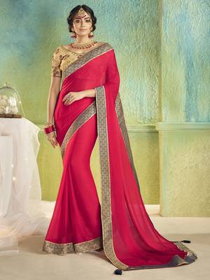 pink embroidered chiffon saree with blouse 1