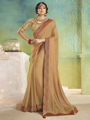beige embroidered chiffon saree with blouse 1