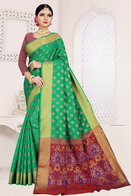 green woven art silk saree with blouse 1