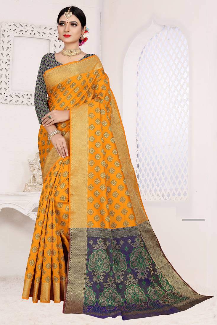 orange woven art silk saree with blouse