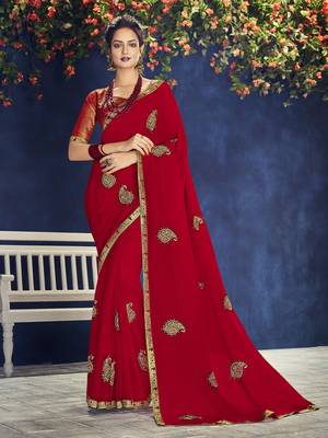 red embroidered georgette saree with blouse 1