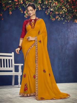 yellow embroidered chiffon saree with blouse 1