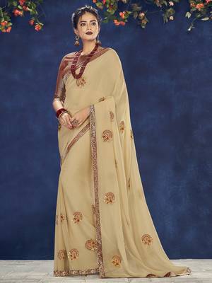 beige embroidered georgette saree with blouse 1