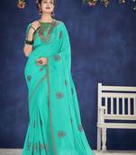 turquoise embroidered chiffon saree with blouse