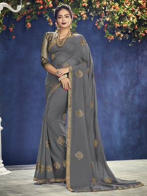 grey embroidered georgette saree with blouse 1
