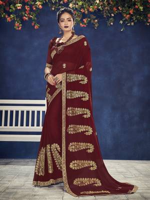 maroon embroidered chiffon saree with blouse 1
