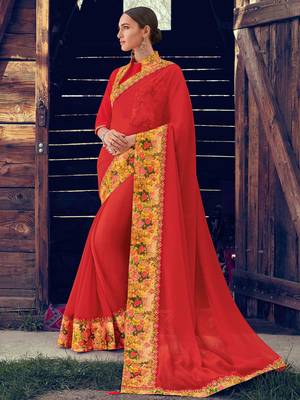 red embroidered chiffon saree with blouse 1