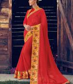 red embroidered chiffon saree with blouse