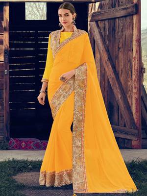 yellow embroidered chiffon saree with blouse 1