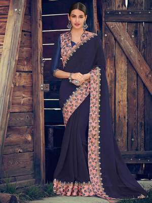 blue embroidered chiffon saree with blouse 1