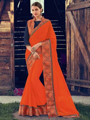 orange embroidered chiffon saree with blouse 1