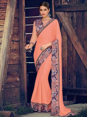 peach embroidered chiffon saree with blouse 1