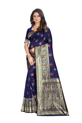 Navy Blue Woven Jacquard Saree With Blouse 1