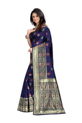 Navy Blue Woven Jacquard Saree With Blouse 2