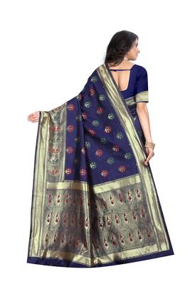 Navy Blue Woven Jacquard Saree With Blouse 3