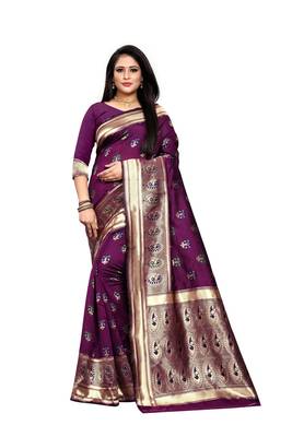 Wine Woven Jacquard Saree With Blouse 1