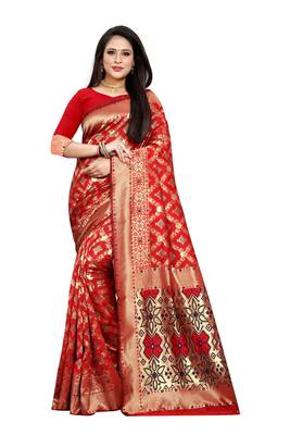 Red Woven Jacquard Saree With Blouse 1