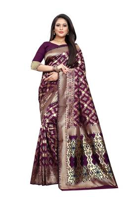 Wine Woven Jacquard Saree With Blouse 1