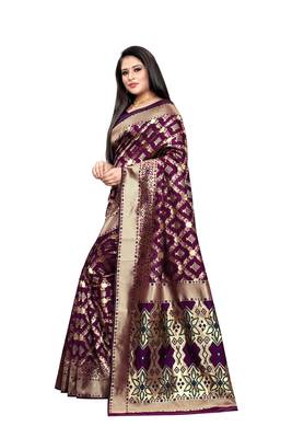 Wine Woven Jacquard Saree With Blouse 2