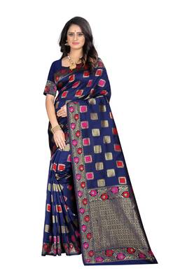 Navy Blue Woven Jacquard Saree With Blouse 1