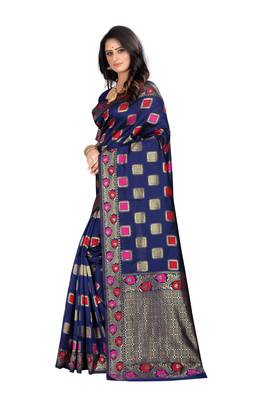Navy Blue Woven Jacquard Saree With Blouse 2