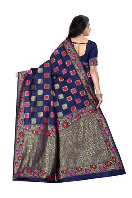 Navy Blue Woven Jacquard Saree With Blouse 3