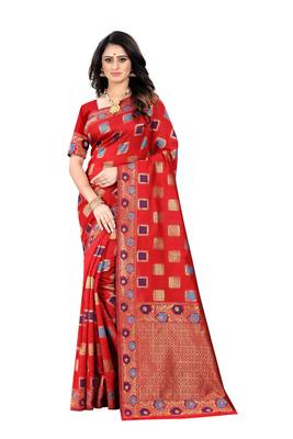 Red Woven Jacquard Saree With Blouse 1