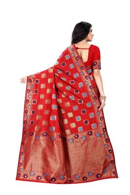 Red Woven Jacquard Saree With Blouse 3