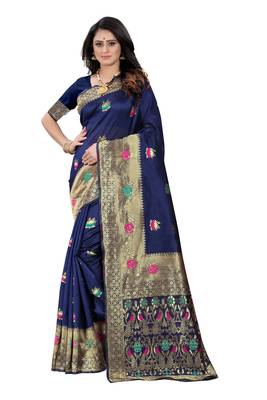 Navy Blue Woven Jacquard Saree With Blouse 1