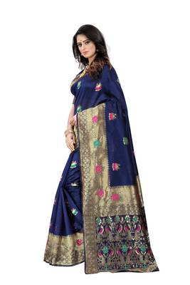 Navy Blue Woven Jacquard Saree With Blouse 2
