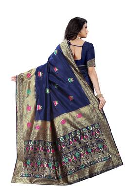 Navy Blue Woven Jacquard Saree With Blouse 3