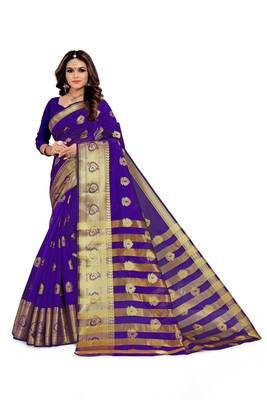 Violet woven silk blend saree with blouse 1
