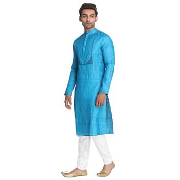 Blue Embroidered Silk Men Kurtas 4