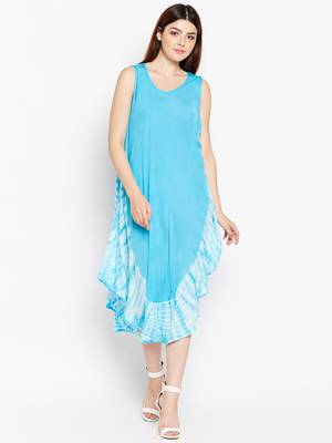 Women Turquoise Blue Color Tye Die Rayon Dress 1