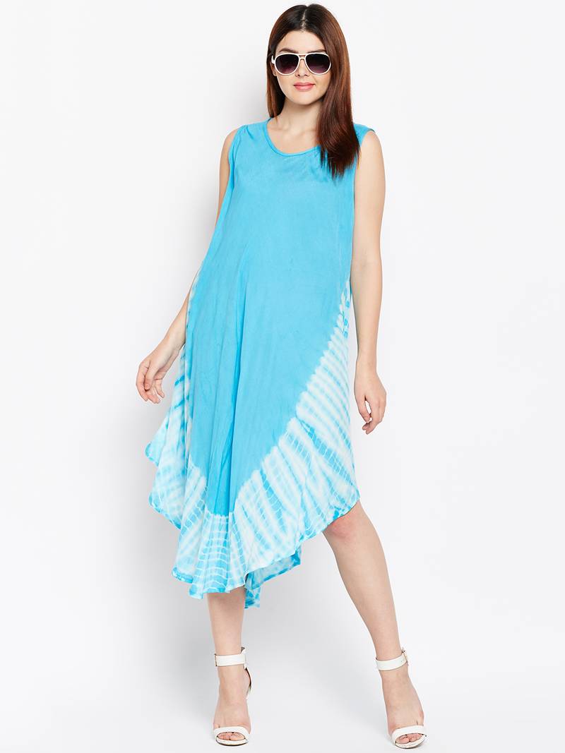 Women Turquoise Blue Color Tye Die Rayon Dress