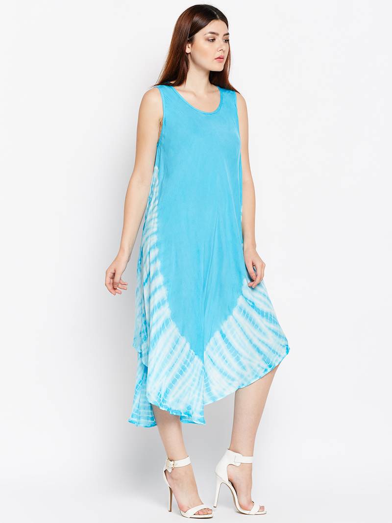 Women Turquoise Blue Color Tye Die Rayon Dress