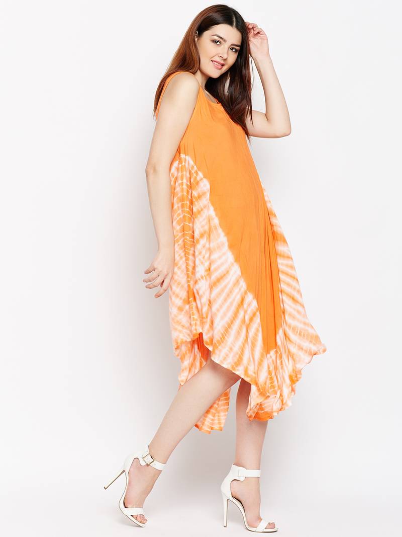 Women Orange and White Color Tye Die Rayon Dress