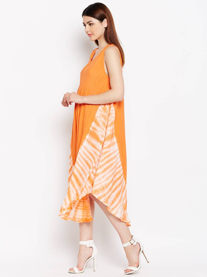 Women Orange and White Color Tye Die Rayon Dress
